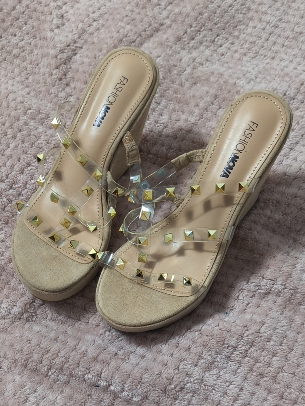 Fashion Nova Nude Wedge Sandals with Clear Studded Straps
